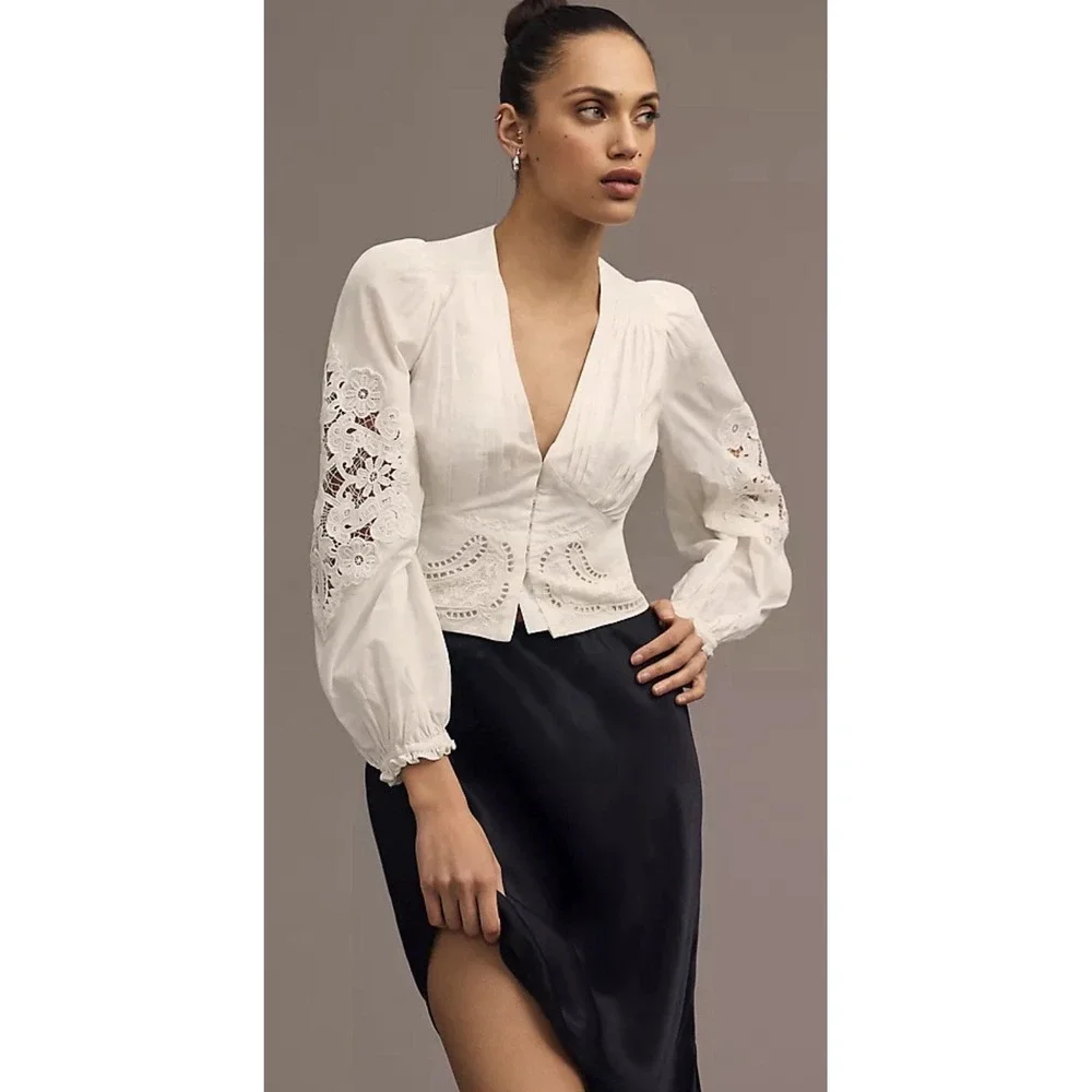 Farm Rio White Cotton Lace Long Sleeve Boho Crop Top XS